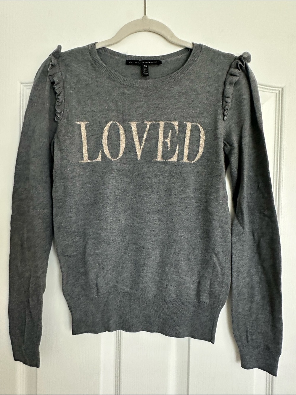 White House Black Market Gray "LOVED" Ruffle-Shoulder Sweater